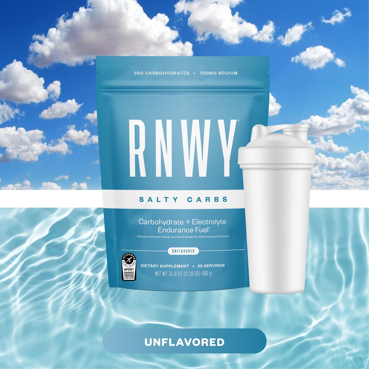 RNWY Salty Carbs package with a white shaker cup against a blue sky and water background