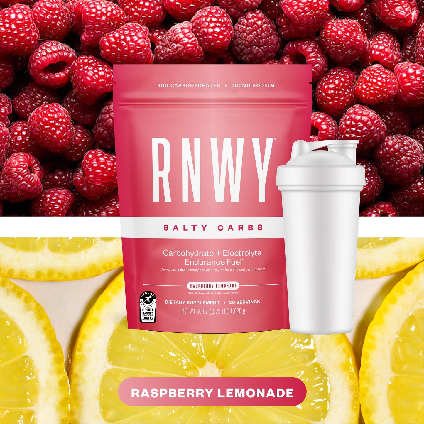 RNWY Salty Carbs Raspberry Lemonade supplement package with raspberries and lemon slices in the background
