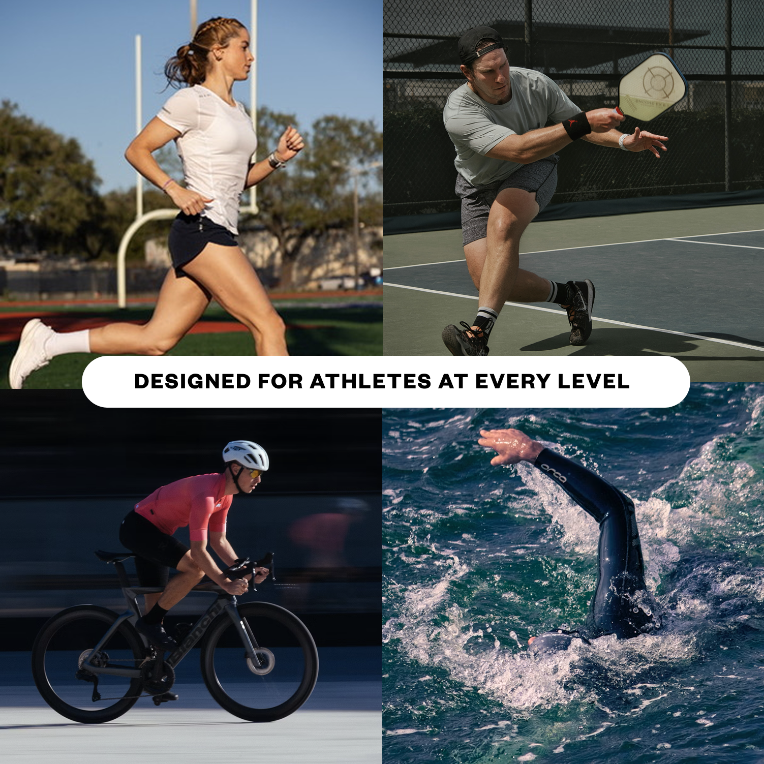 Four athletes engaged in different sports with text 'Designed for athletes at every level'.
