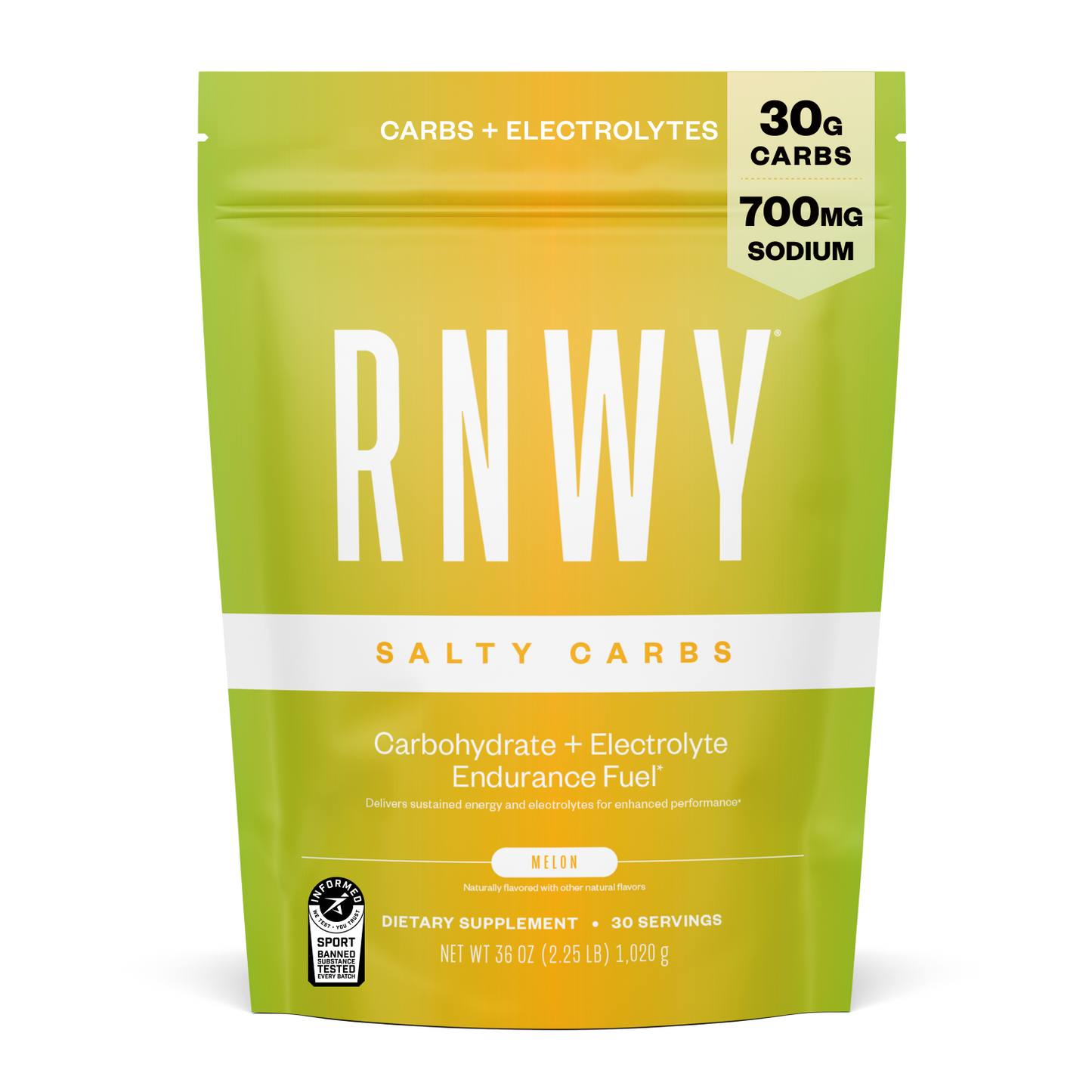 RNWY Salty Carbs package with green and yellow gradient on a white background