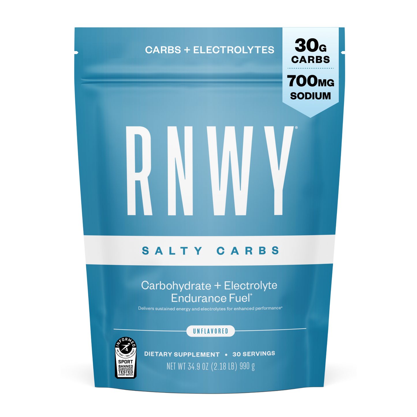 Blue package of RNWY Salty Carbs on a white background