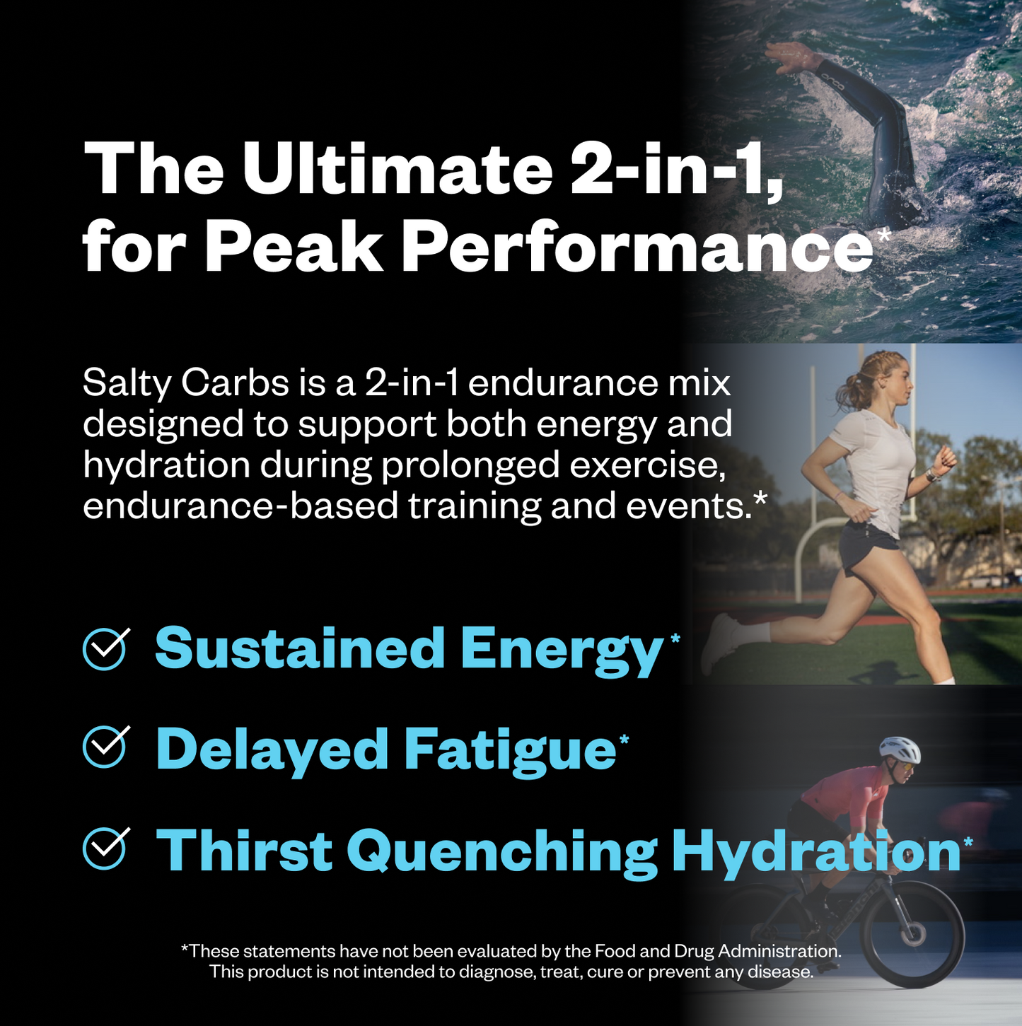 Advertisement for Salty Carbs endurance mix with text and images of a swimmer, runner, and cyclist.