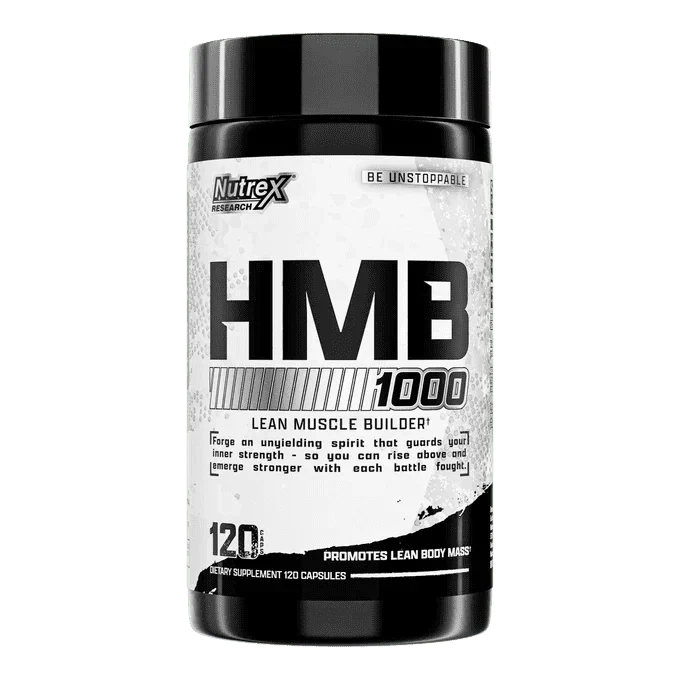 A black and white bottle of Nutrex HMB 1000 dietary supplement capsules on a plain white background.