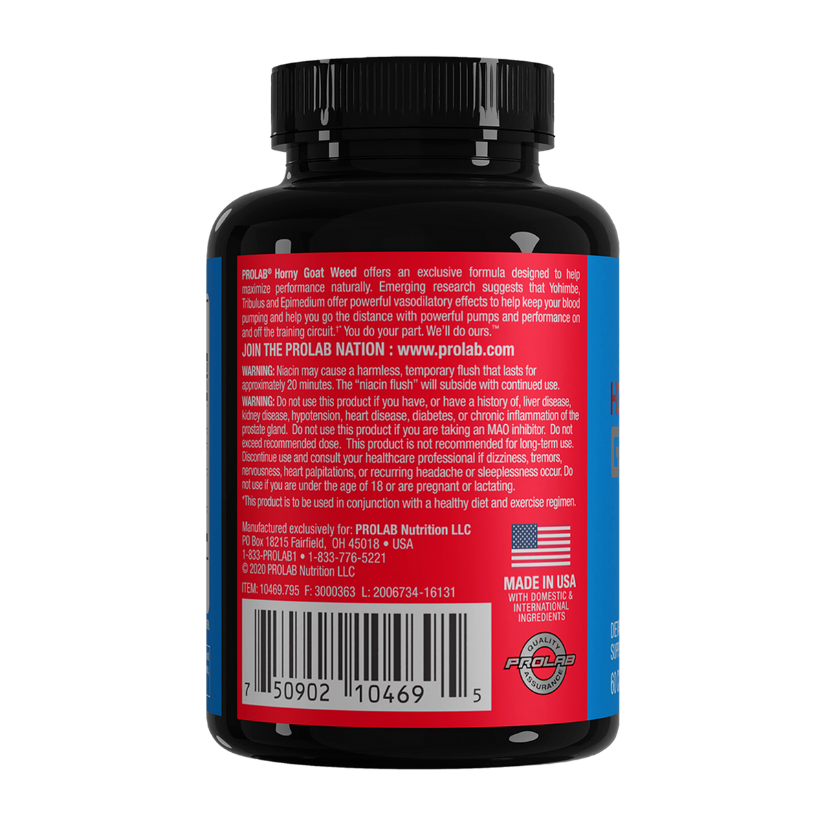 Back view of a black plastic supplement bottle with a black cap, featuring a red label with white text and a barcode, on a white background.