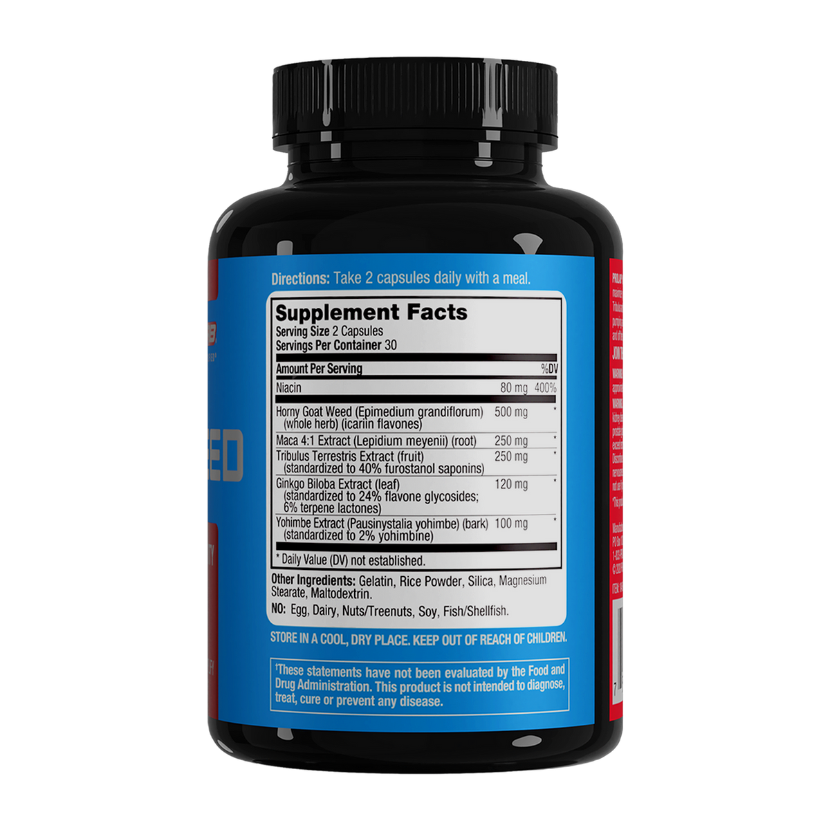 A black supplement bottle with a black ribbed cap, showing the back label with a large blue panel and Supplement Facts table. The label includes partial orange text reading 'ED' and side text that appears to say 'GASTRO'.