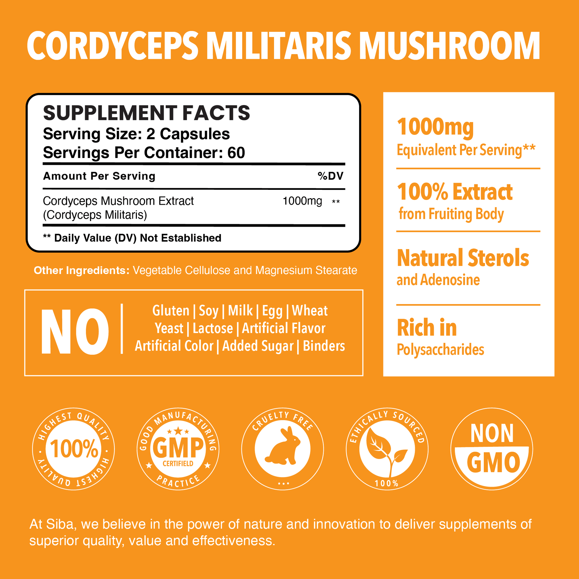 Supplement facts label for Cordyceps Militaris mushroom on an orange background
