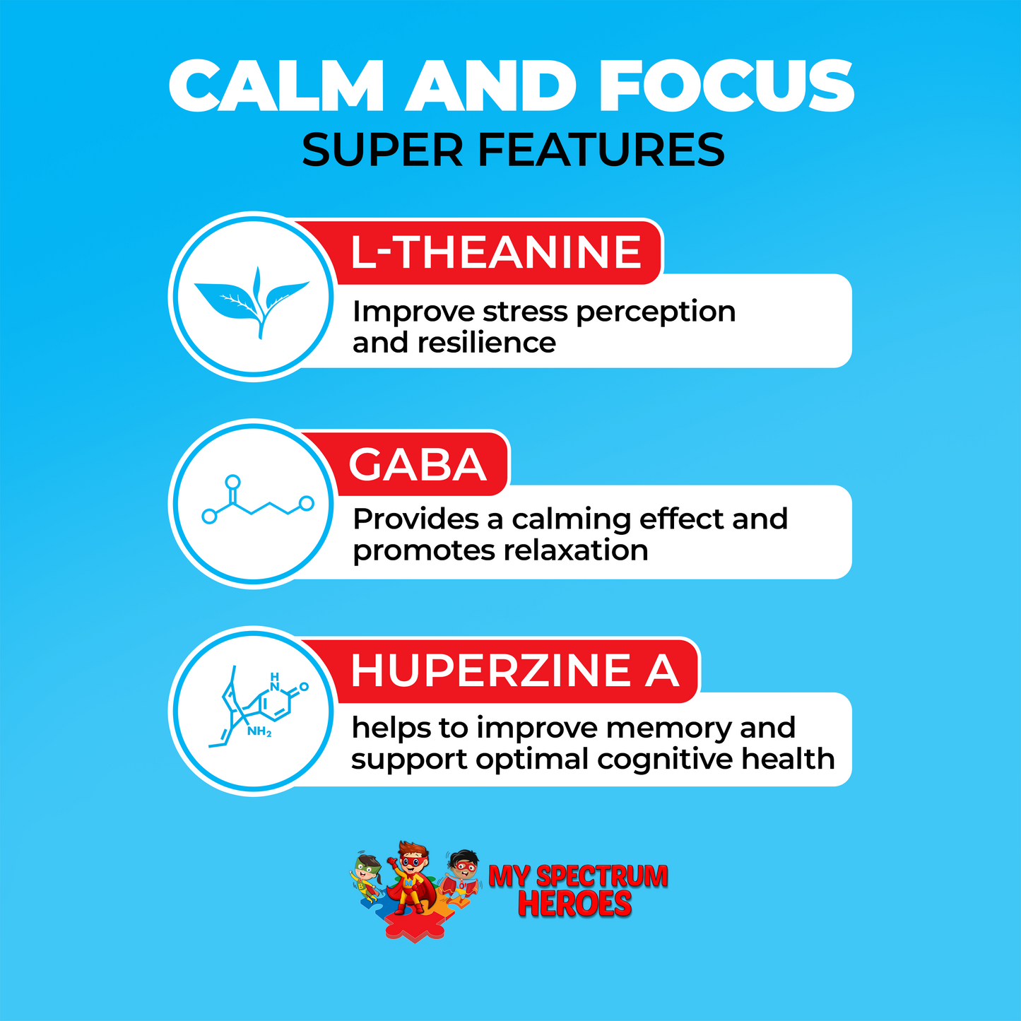 Super features of a product for calm and focus with L-Theanine, GABA, and Huperzine A on a blue background.