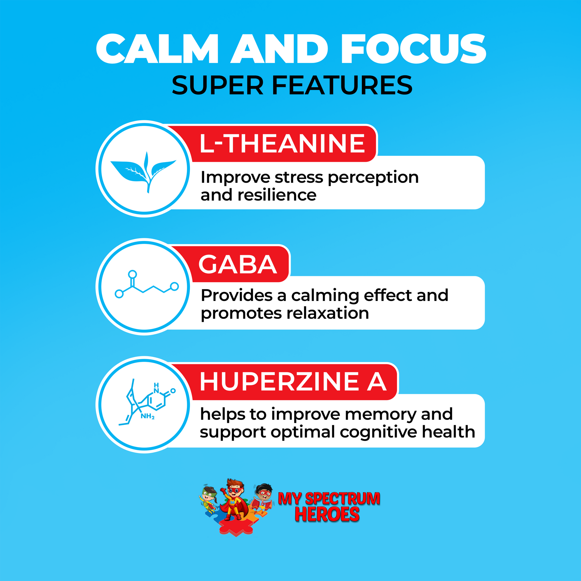 Super features of a product for calm and focus with L-Theanine, GABA, and Huperzine A on a blue background.
