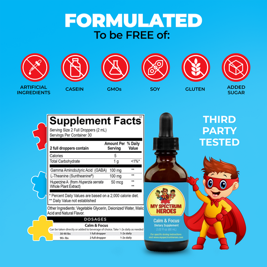 Supplement bottle with label and superhero character on a blue background, featuring allergen-free and third-party tested information.