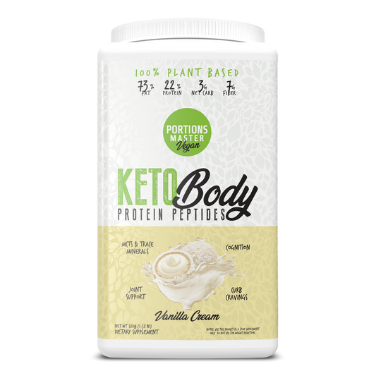Keto Body Protein Peptides container with vanilla cream flavor on a white background