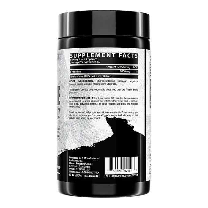 A black supplement bottle shown from the back, displaying the Supplement Facts label with text and a black silhouette graphic on a white background.