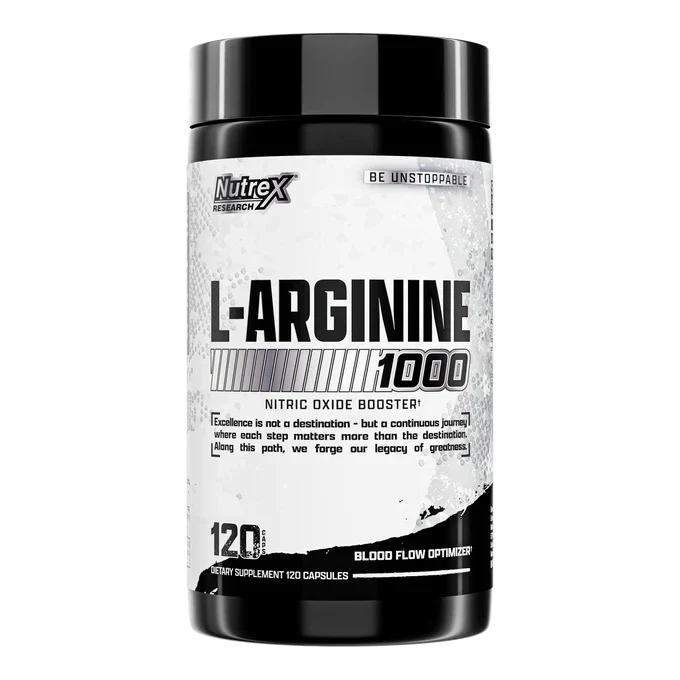 A bottle of Nutrex L-Arginine 1000 dietary supplement on a plain white background.