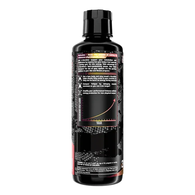 A black bottle of algae blocker supplement shown from the back, featuring a black cap and a label with white text, a red arrow, and a dark patterned design.