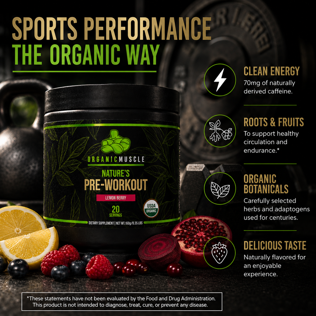 Organic Muscle Pre-Workout, Lemon Berry, 20 Servings