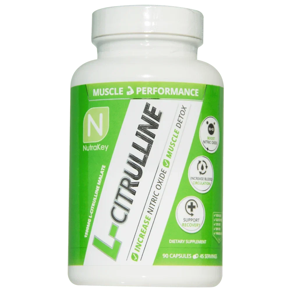 A white plastic bottle of NutraKey L-Citrulline dietary supplement with a green and white label, set against a plain white background.