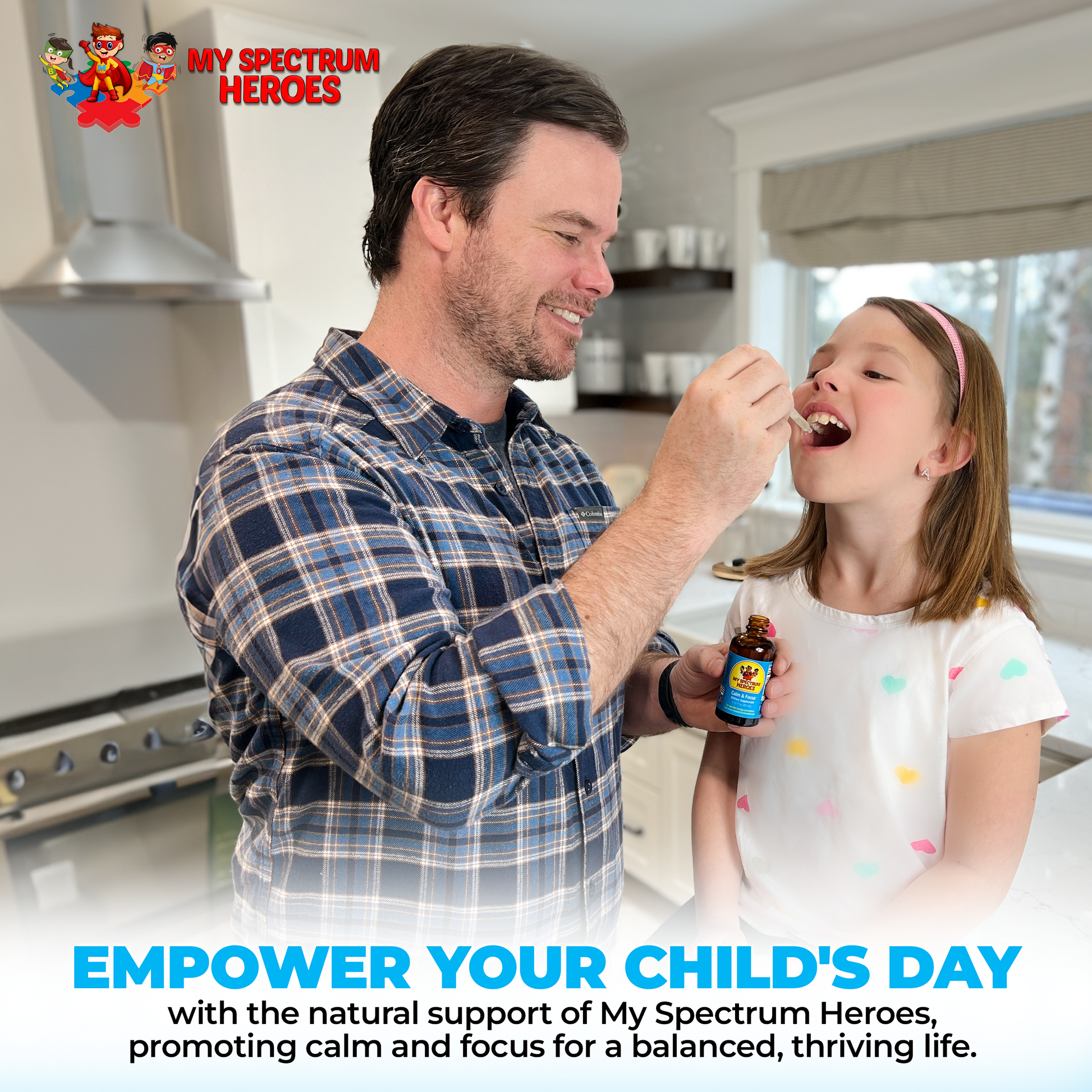Man feeding a child in a kitchen with text about 'My Spectrum Heroes' product.