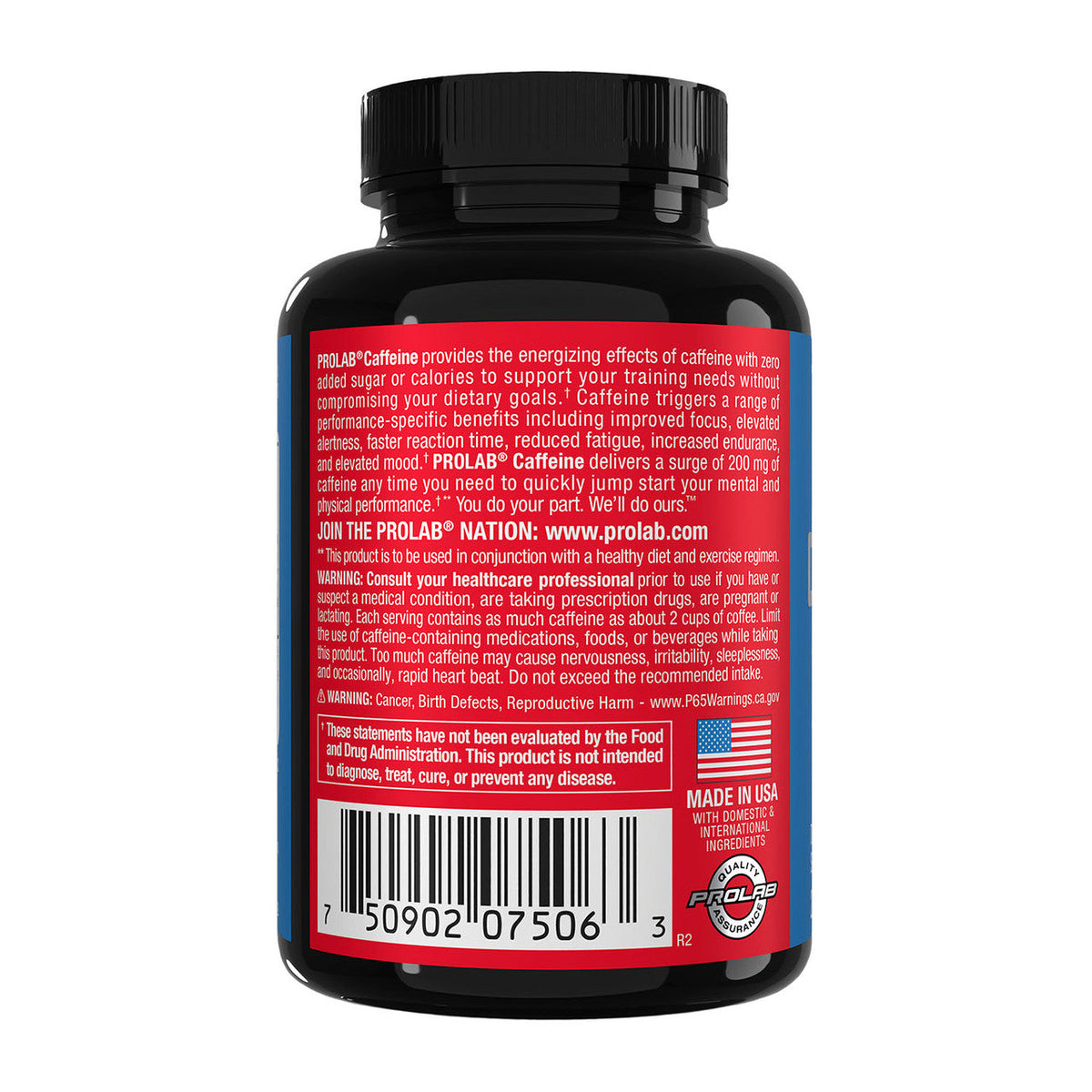 Back view of a black plastic bottle of Prolab caffeine supplement with a red label, featuring a barcode, product text, and a 'Made in USA' flag graphic.