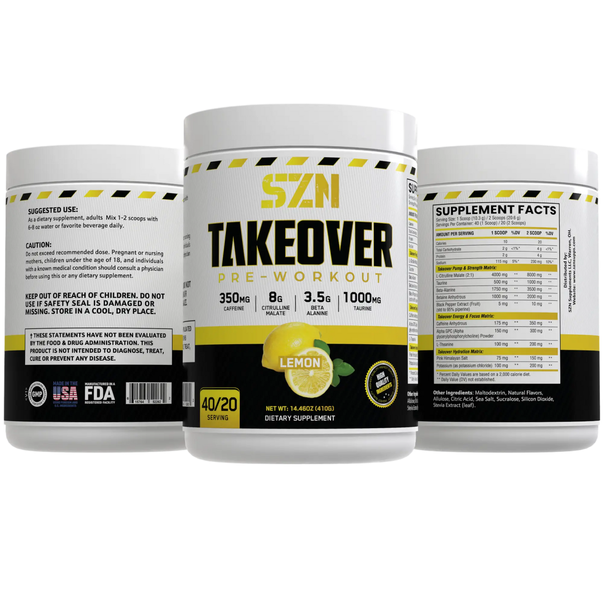 Three containers of SZN Takeover Pre-Workout supplement with lemon flavor on a white background.