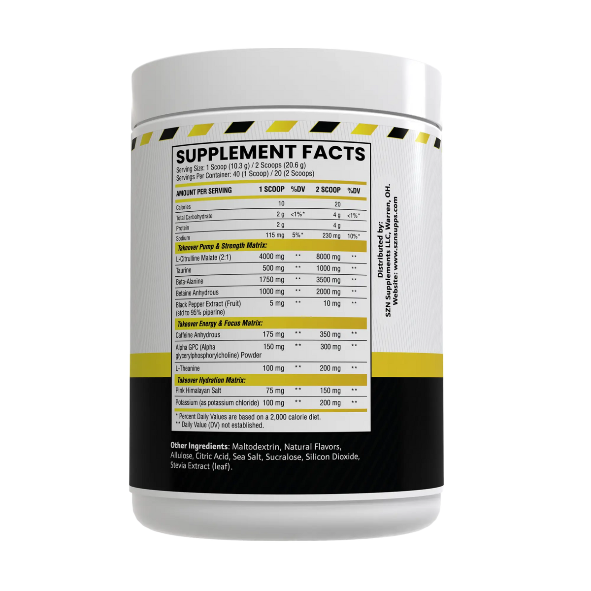 Supplement container with a detailed label on a white background