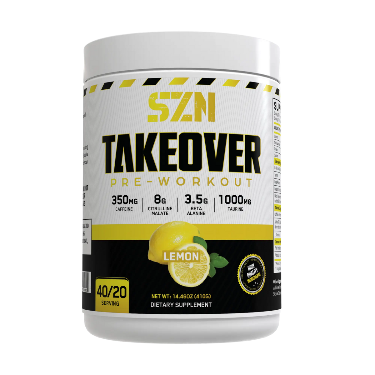 Pre-workout supplement container with 'Takeover' and lemon flavor on a white background