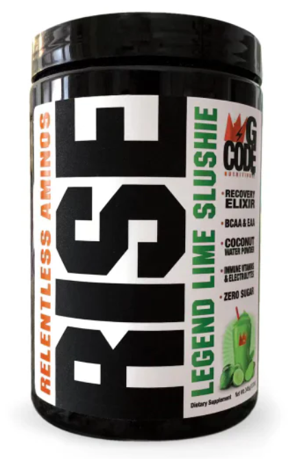 Supplement container labeled 'Rise' with lime slushie flavor on a white background