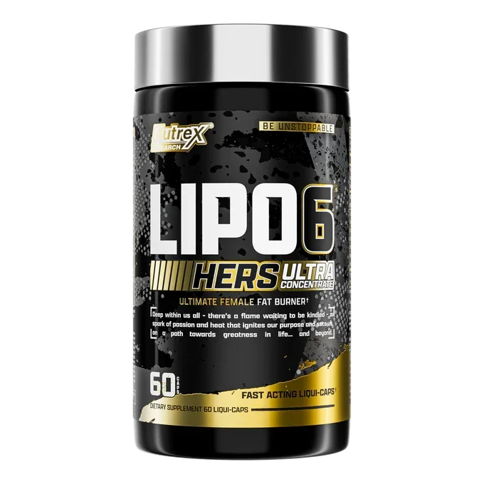 Supplement container labeled 'Lipo 6 Hers Ultra Concentrate' on a white background