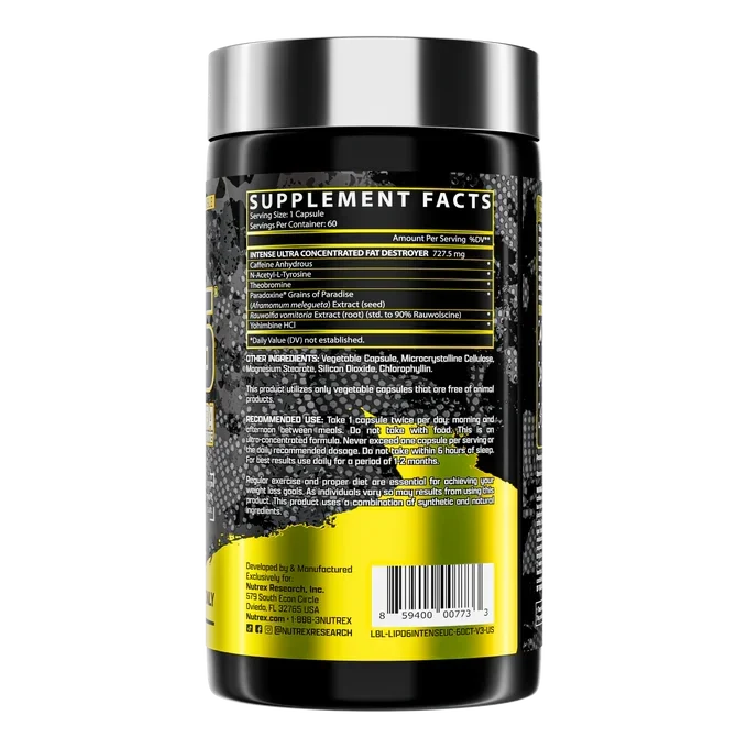 A black plastic bottle of dietary supplement powder with a metallic silver cap, showing the back of the label with 'SUPPLEMENT FACTS' text, a yellow lower section, and a barcode on a white background.