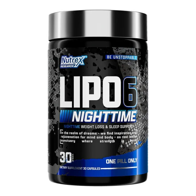 A bottle of Nutrex Research Lipo6 Nighttime dietary supplement, featuring a black and silver label with blue accents and white text, set against a plain white background.