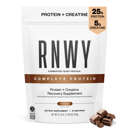 RNWY protein powder package with chocolate pieces on a white background