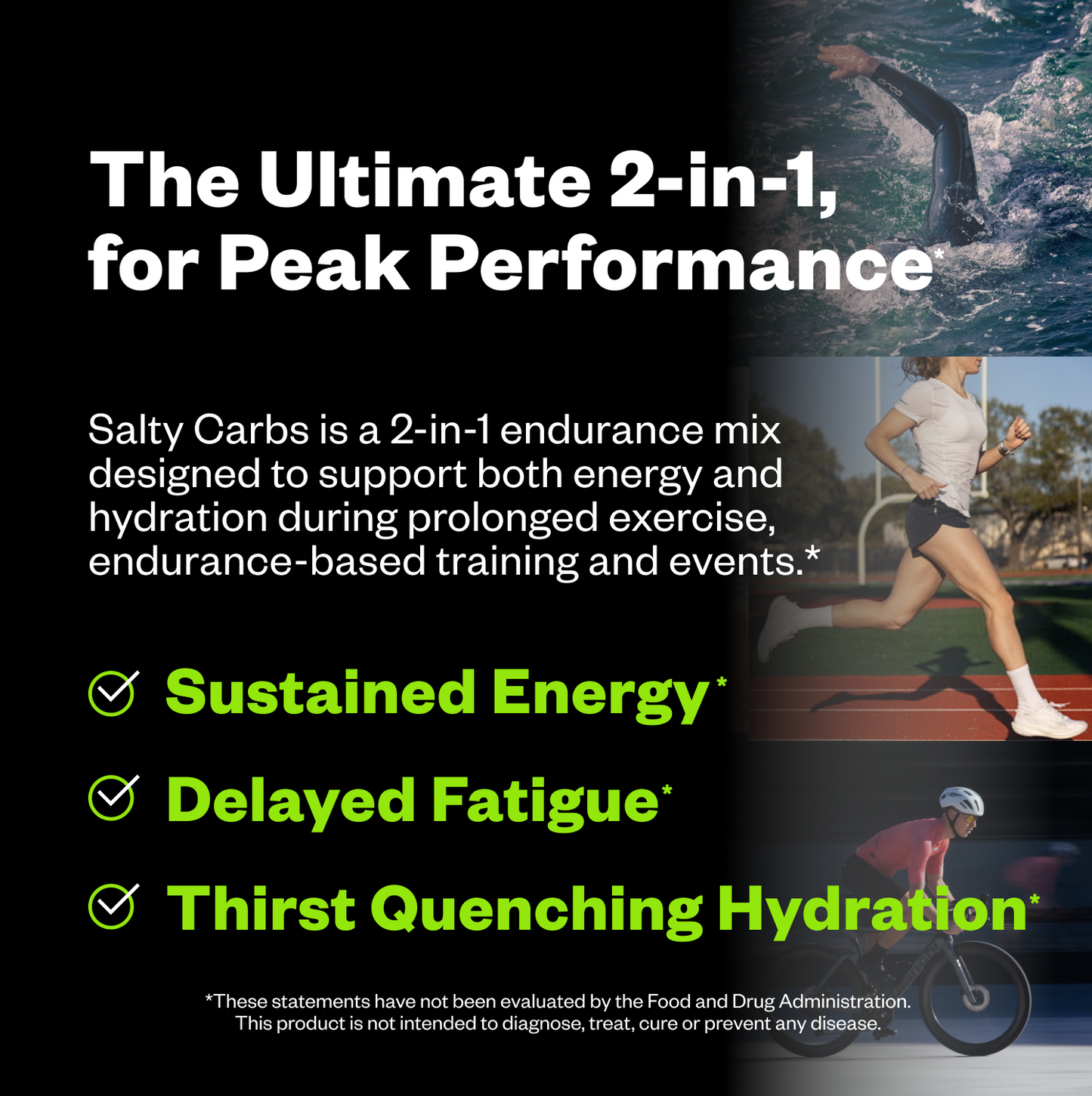 Advertisement for Salty Carbs endurance mix with text and images of people exercising.