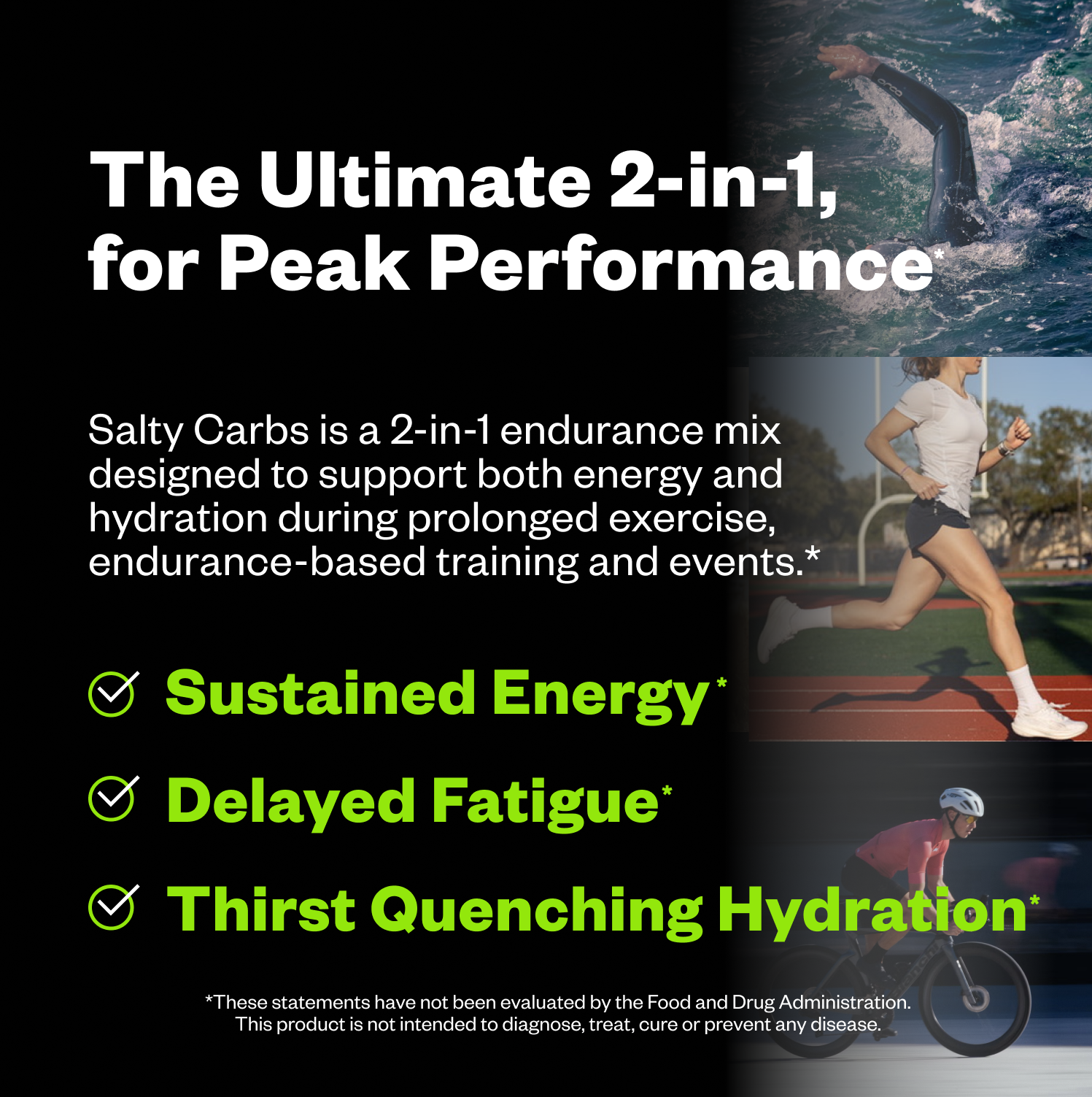 Advertisement for Salty Carbs endurance mix with text and images of people exercising.