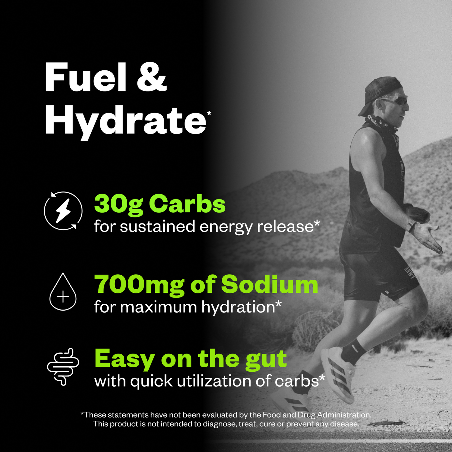 Person running outdoors with nutritional information about fuel and hydration displayed.