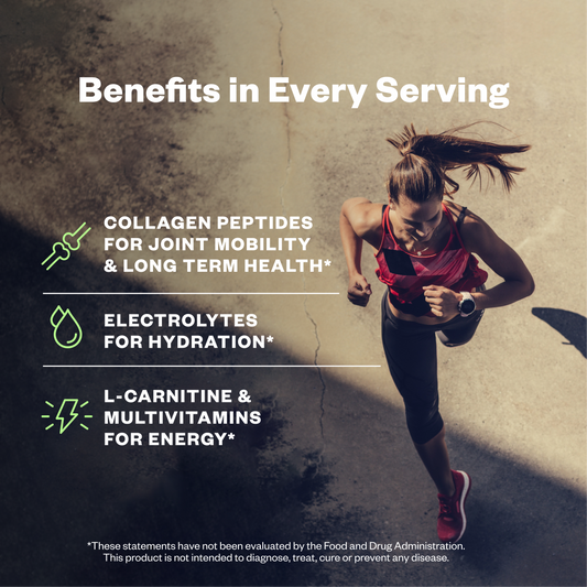 Woman running on a road with text about supplement benefits