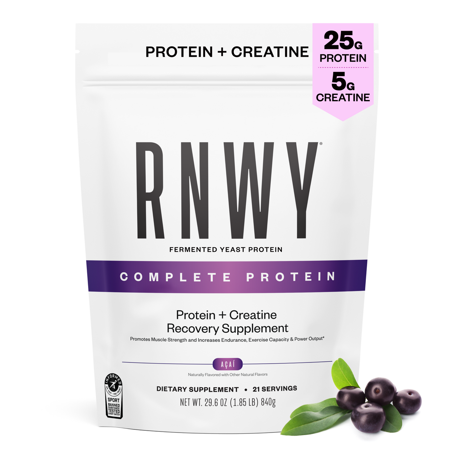 RNWY protein supplement package with black text on a white background