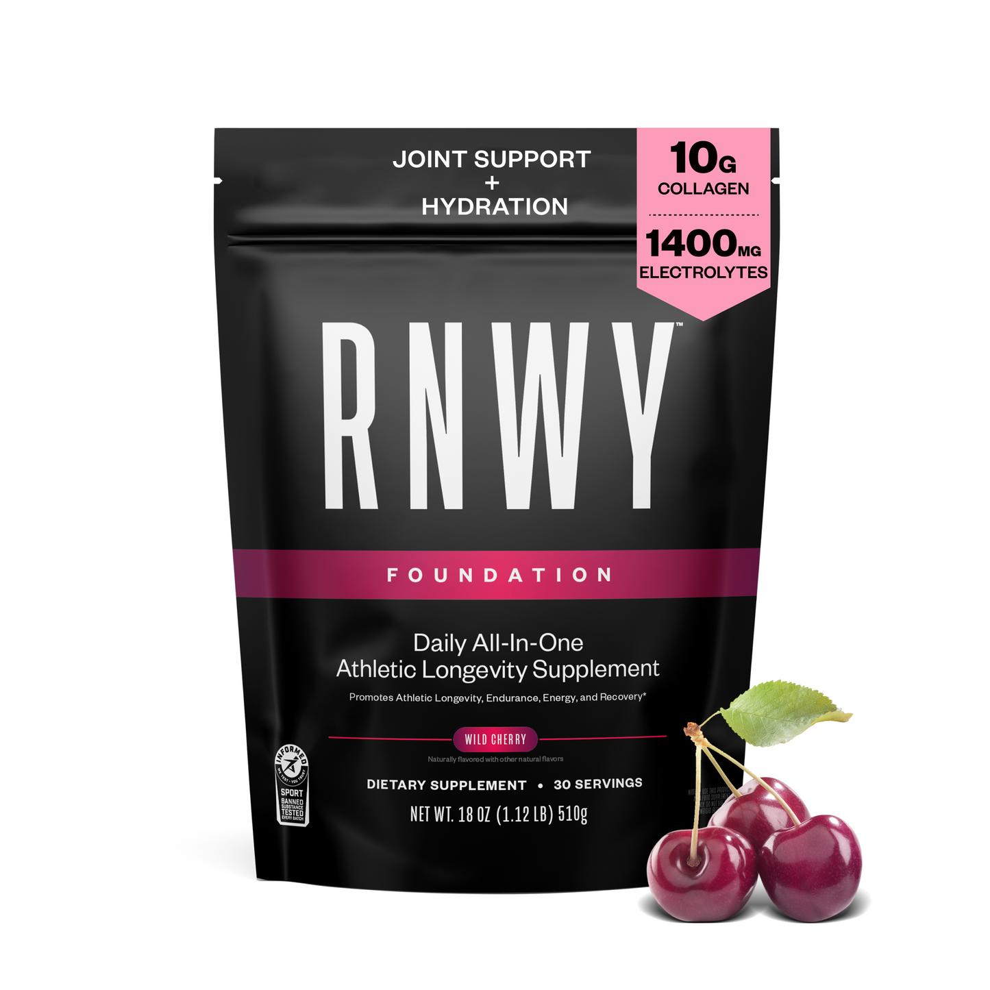 RNWY supplement package with cherries on a white background