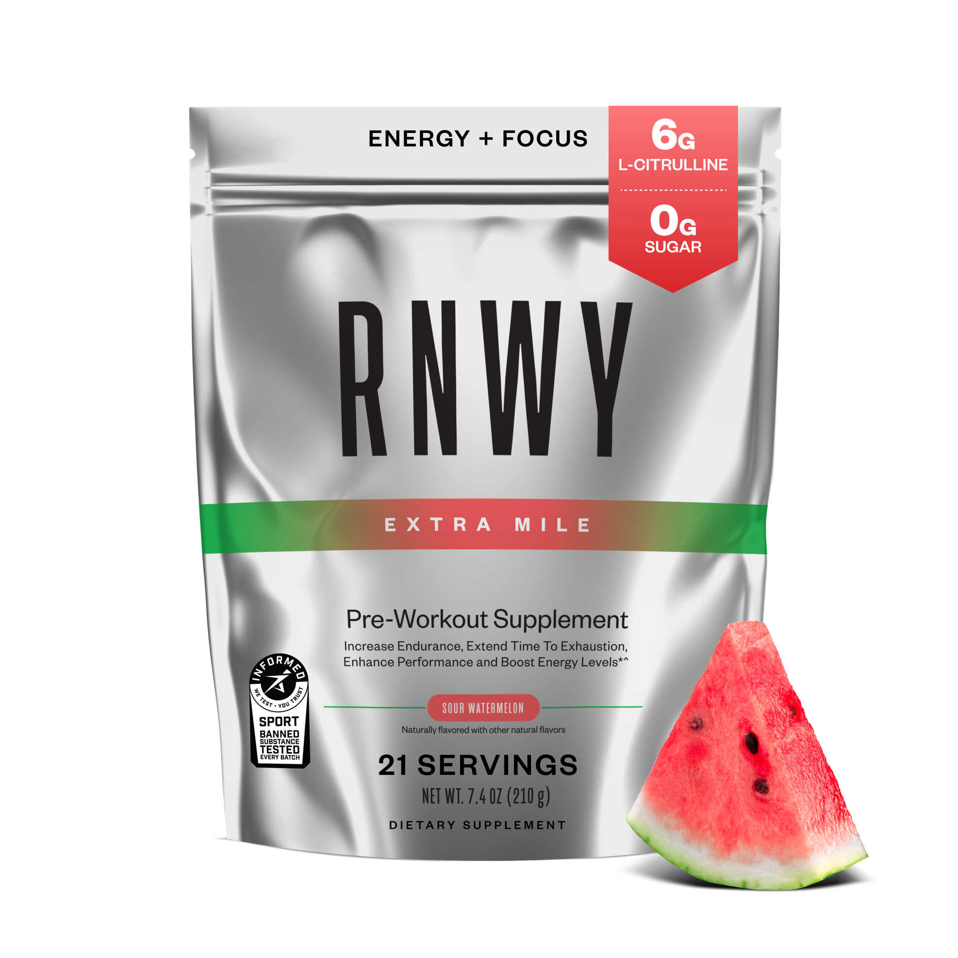 RNWY pre-workout supplement package with a watermelon slice on a white background