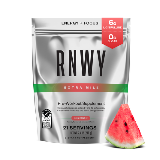 RNWY pre-workout supplement package with a watermelon slice on a white background