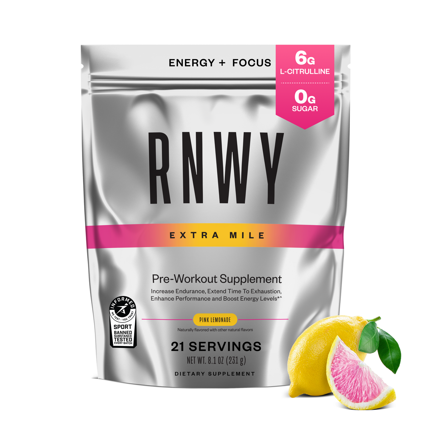RNWY pre-workout supplement package with pink lemonade flavor on a white background