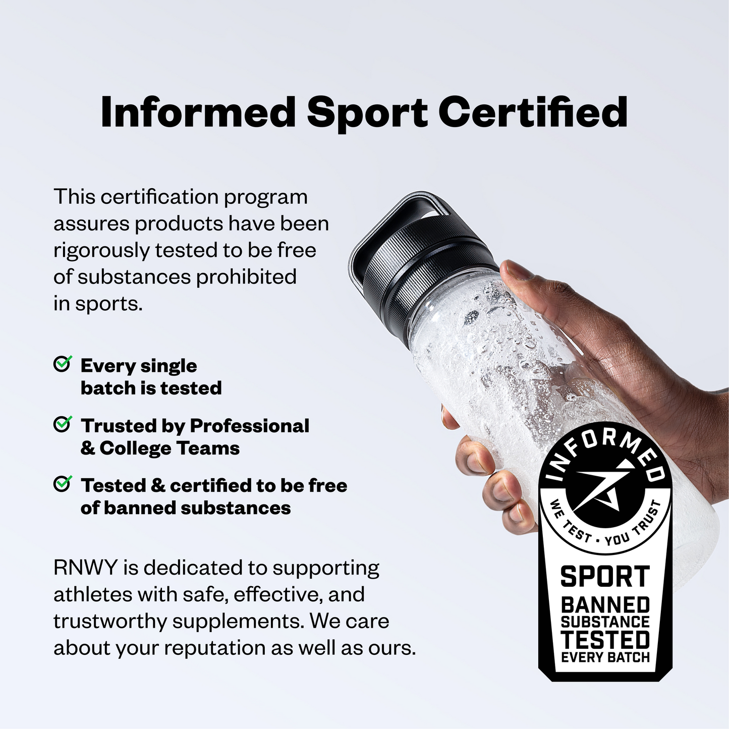 Hand holding a water bottle with Informed Sport certification label on a light gray background