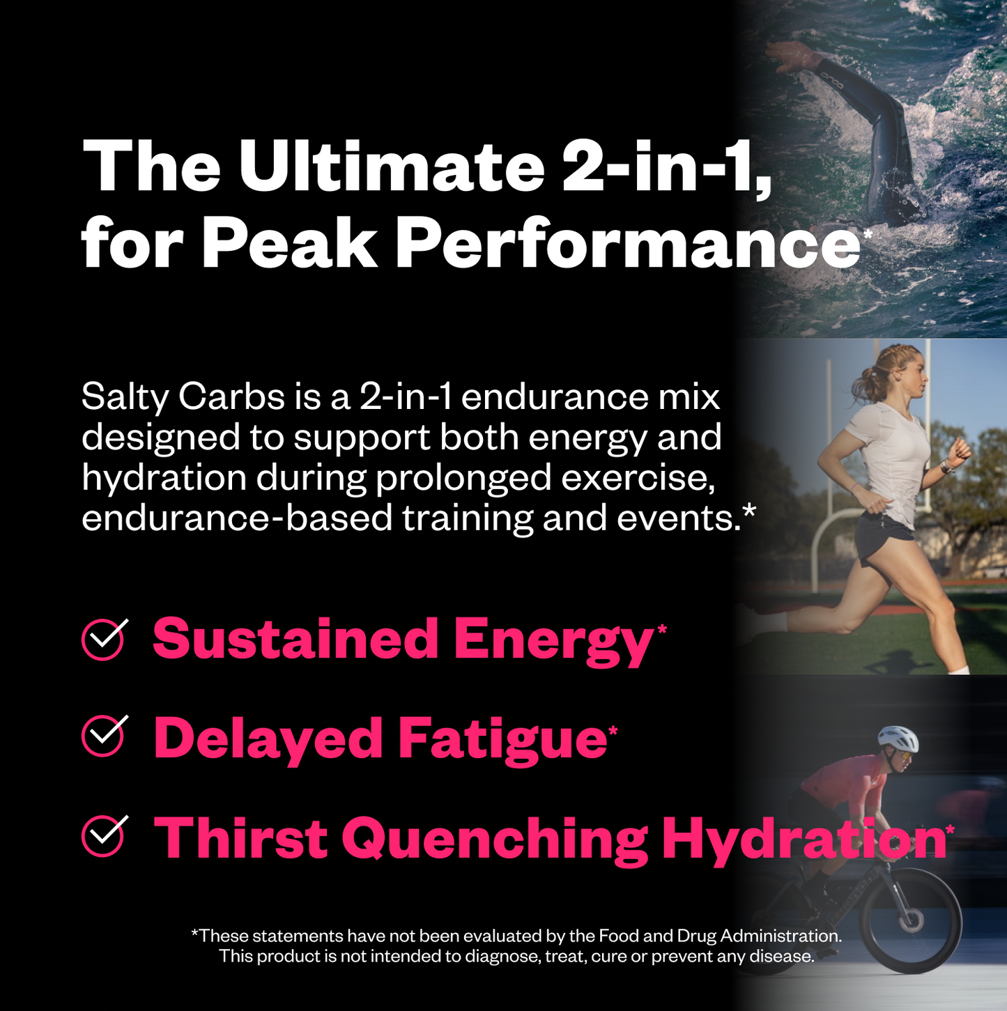 Advertisement for Salty Carbs endurance mix with text and images of people exercising.