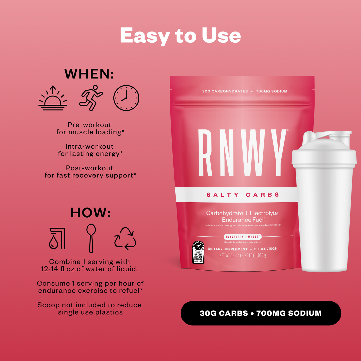 RNWY Salty Carbs supplement package with a shaker on a pink background