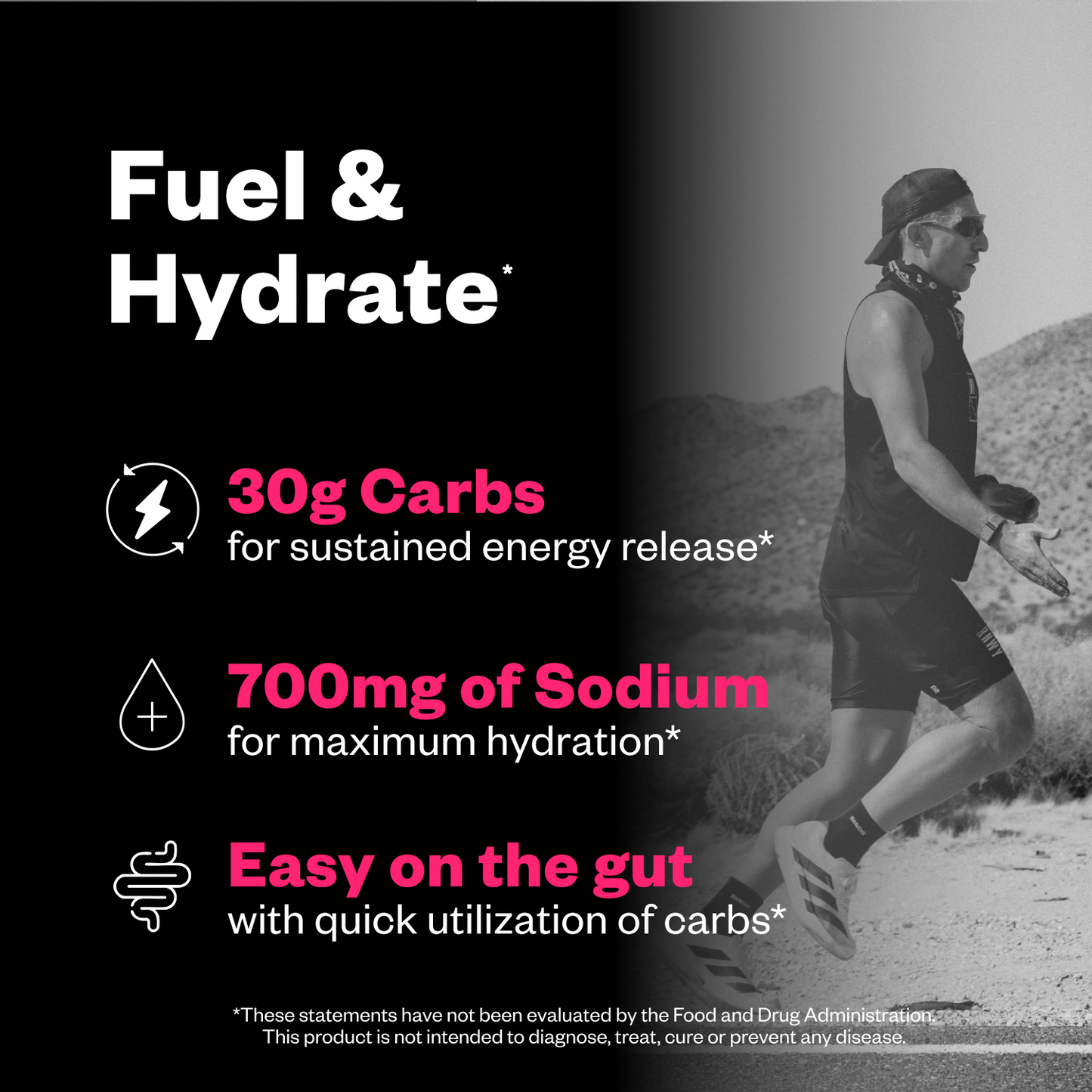 Person running outdoors with nutritional information about carbs and sodium on a black background