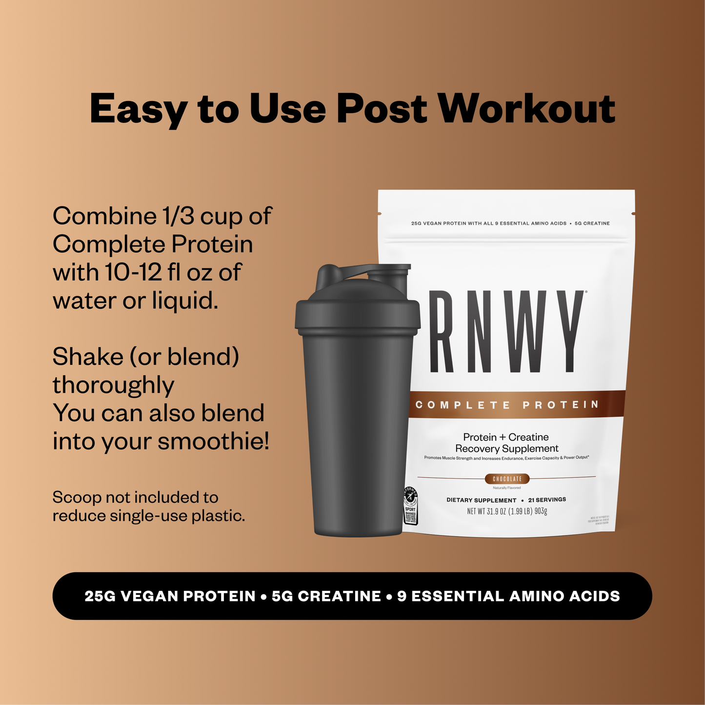 RNWY Complete Protein package with shaker bottle on a brown background