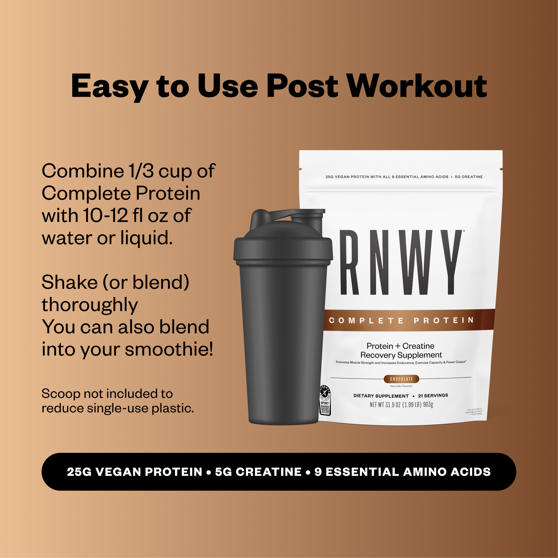 RNWY Complete Protein package with shaker bottle on a brown background