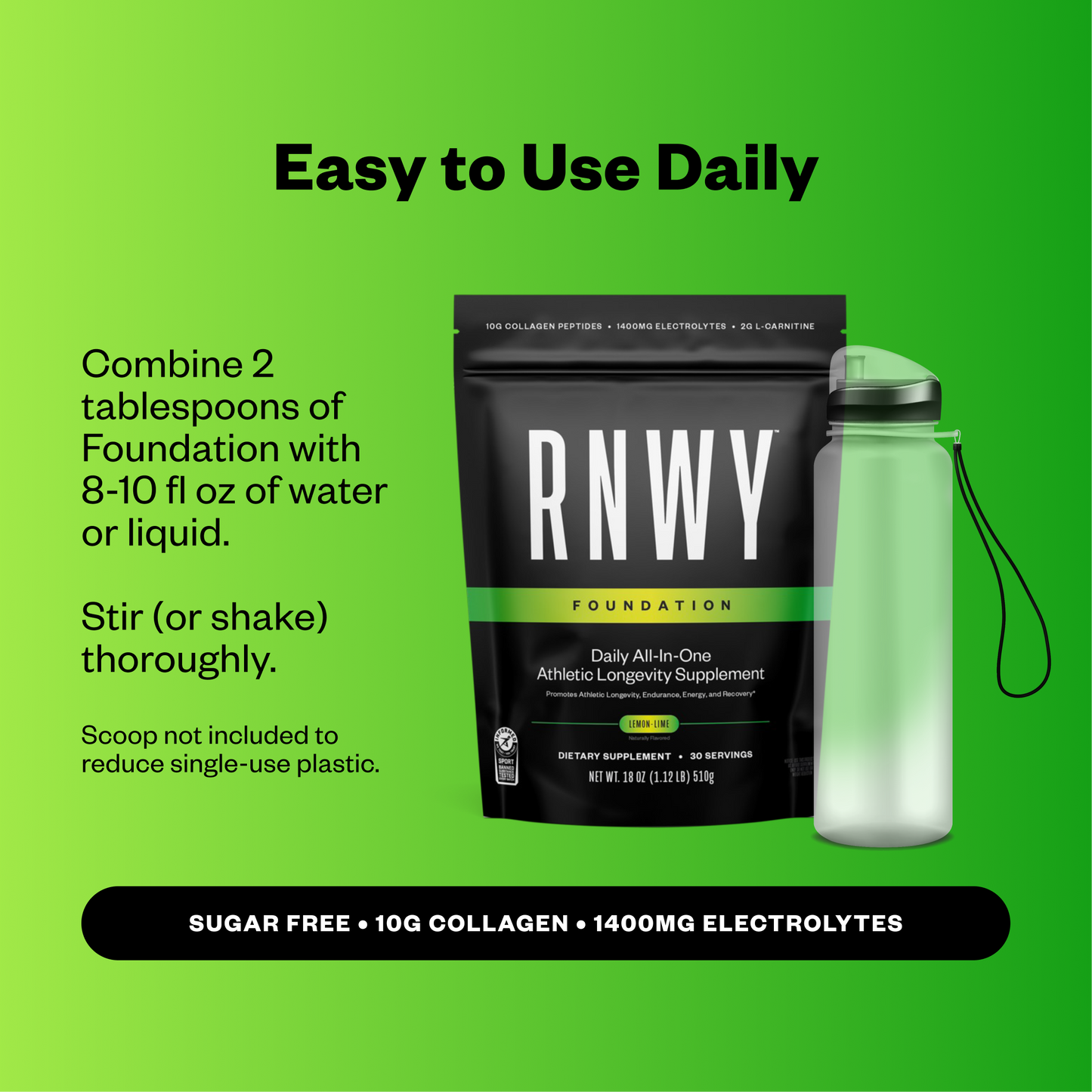 RNWY Foundation supplement package with a water bottle on a green background