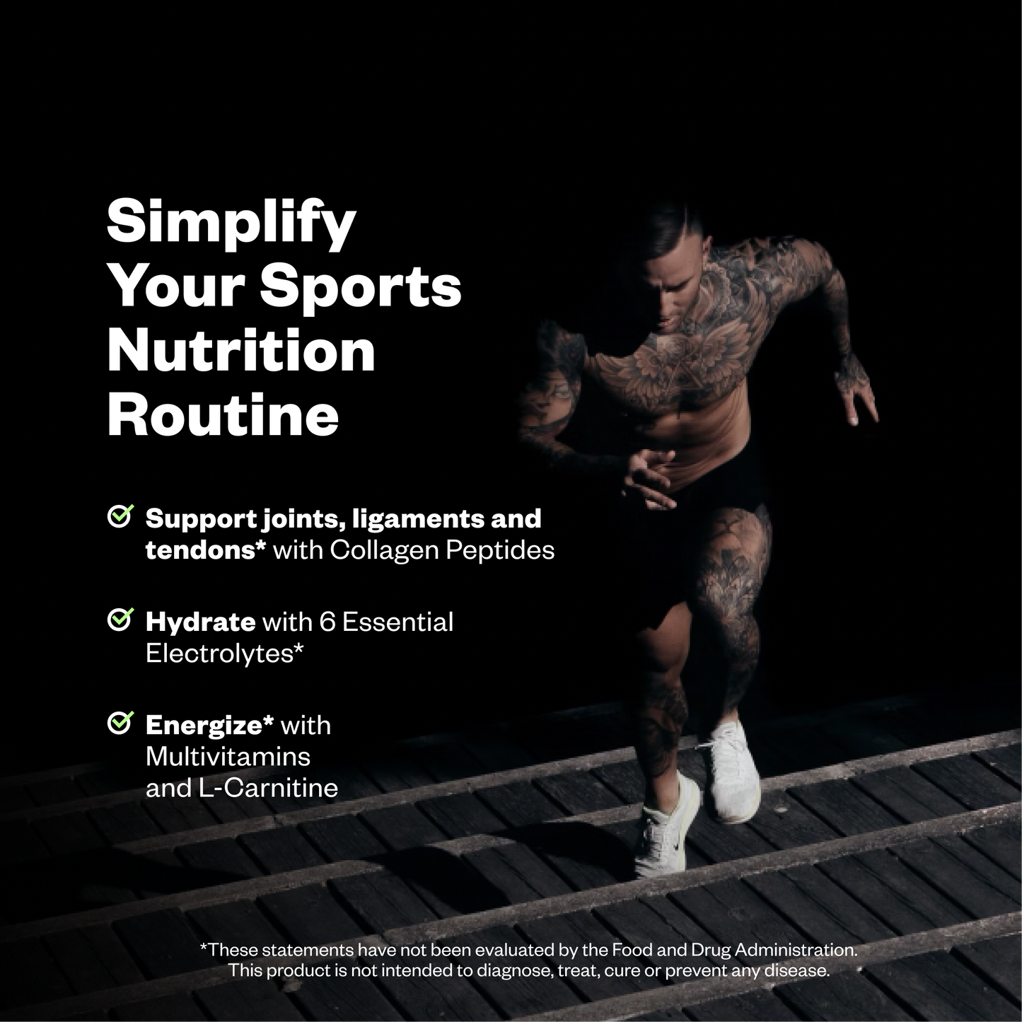 Person running on a wooden floor with text about sports nutrition products.