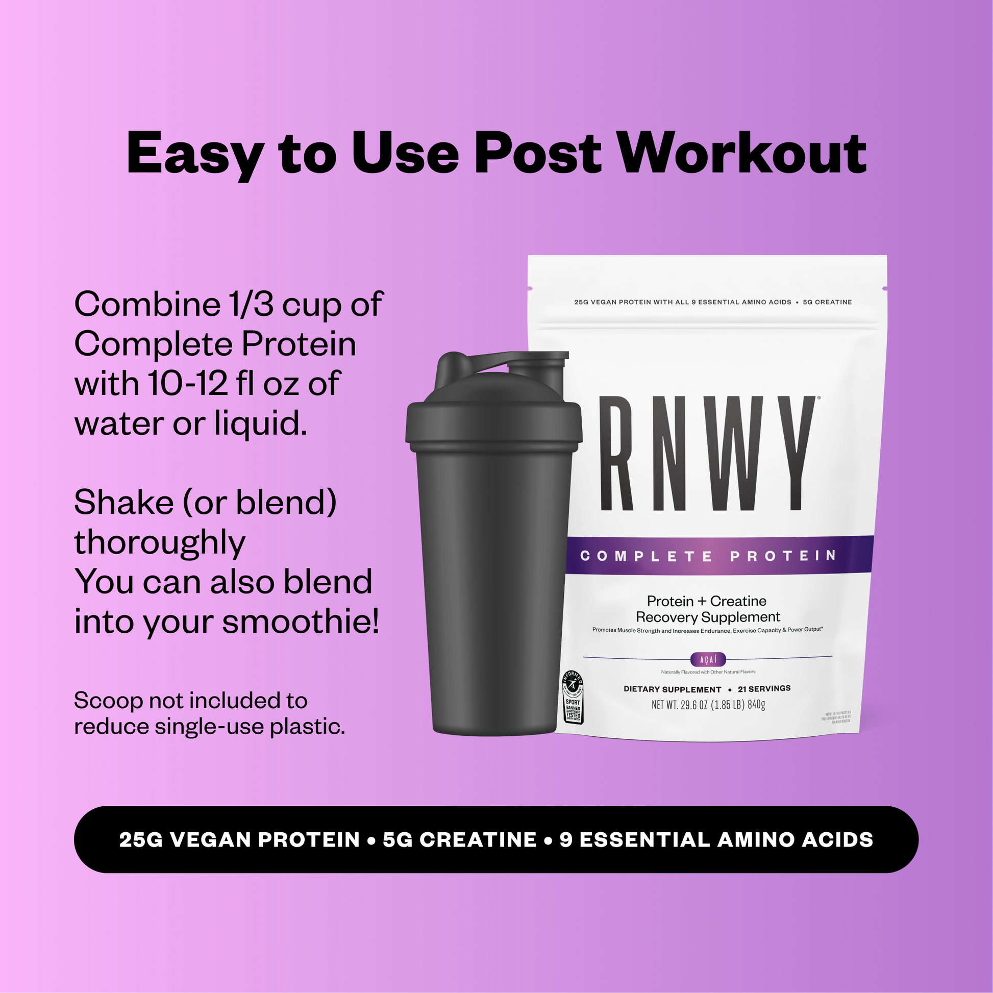 RNWY Complete Protein package with a shaker on a purple background