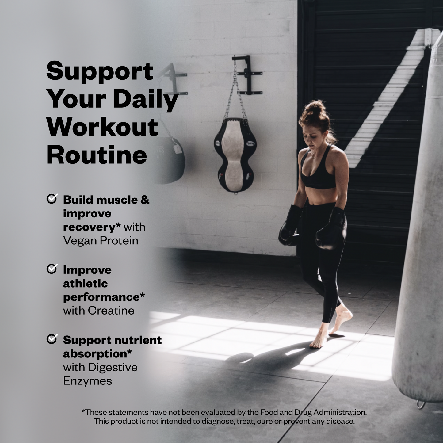 Woman exercising with text about vegan protein, creatine, and digestive enzymes for a workout routine.