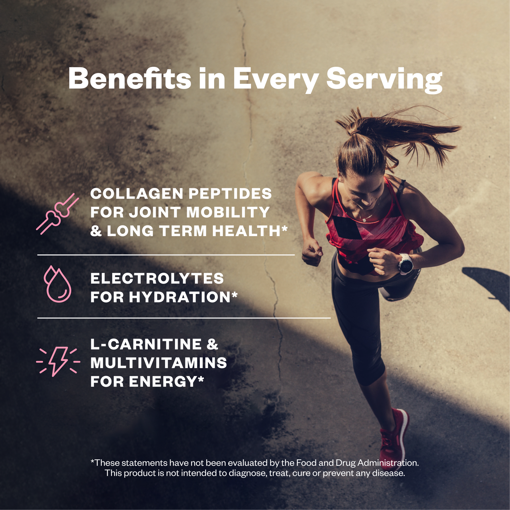 Person running outdoors with text about supplement benefits on a concrete surface
