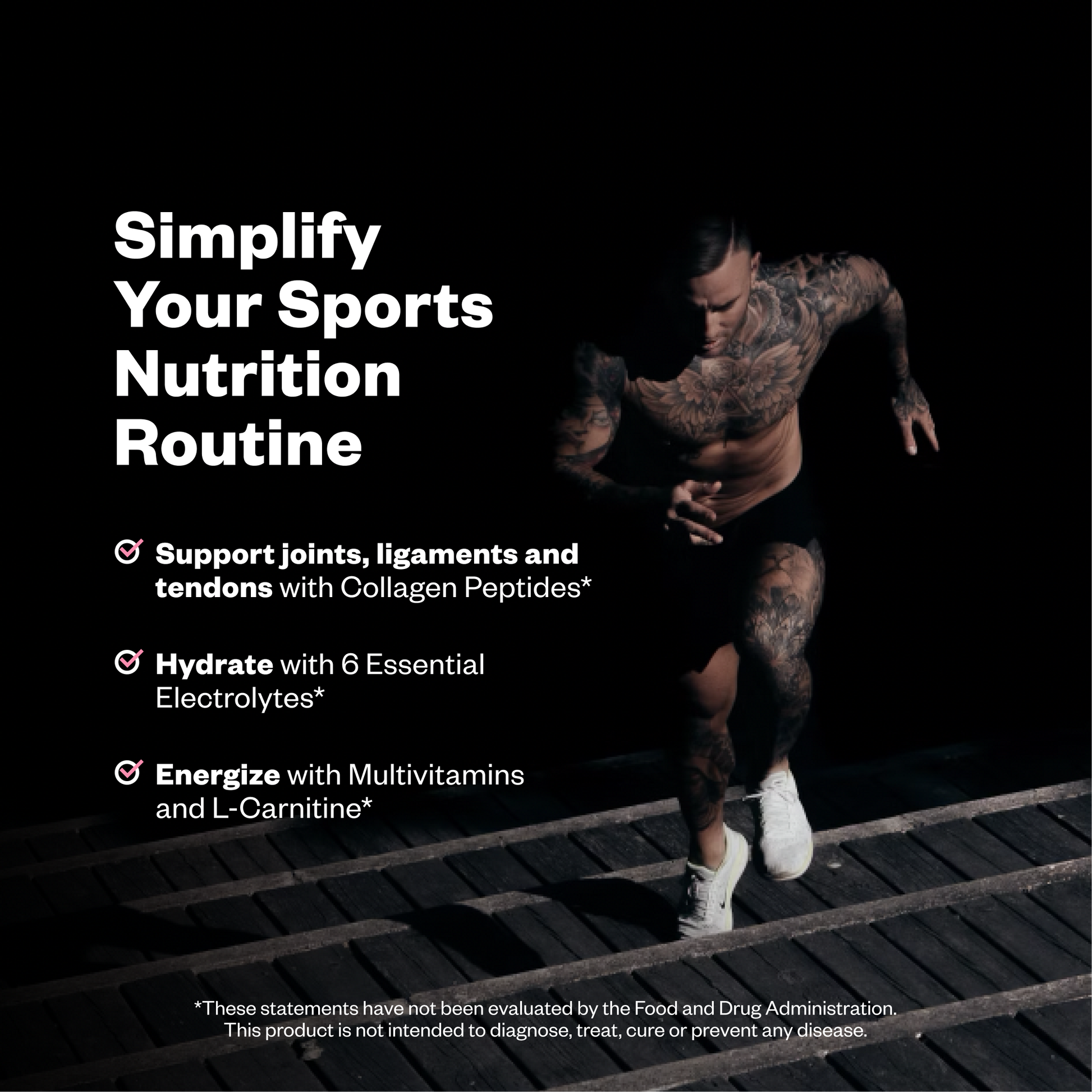 Person running on a wooden floor with text about sports nutrition on a black background